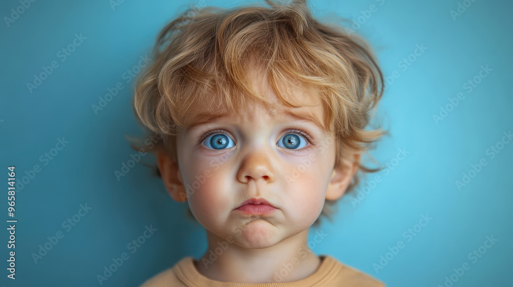 Portrait of a young boy with big blue eyes and blonde hair, staring with a curious expression, childhood innocence, emotional moment, isolated on plain blue background Portrait of a young boy with big blue eyes and blonde hair, staring with a curious expression, childhood innocence, emotional moment, isolated on plain blue background