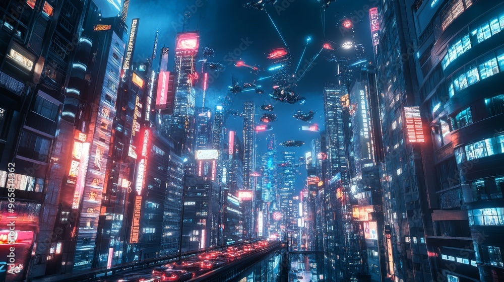 The fusion of science and technology in a digital city, with holograms, drones, and AI systems.