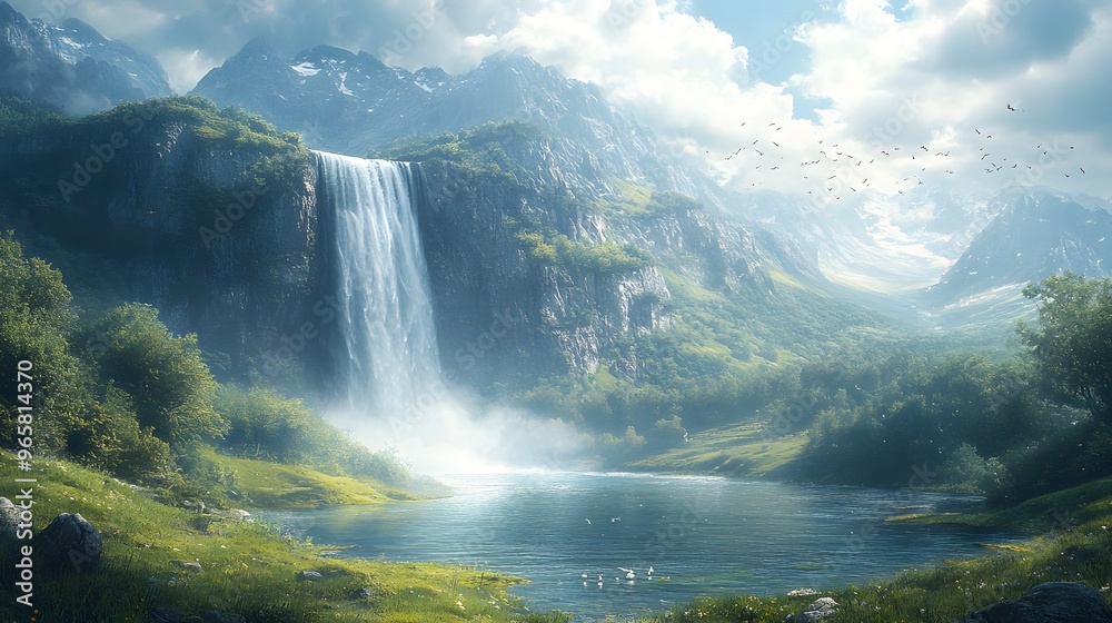 Fototapeta premium Rolling green hills and a scenic waterfall descending from a cliff, with birds soaring high in the sky. Realistic photography captures the beauty and dynamism of the natural environment, offering a