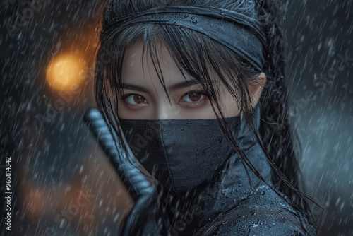 mysterious female ninja in rain with intense gaze photo