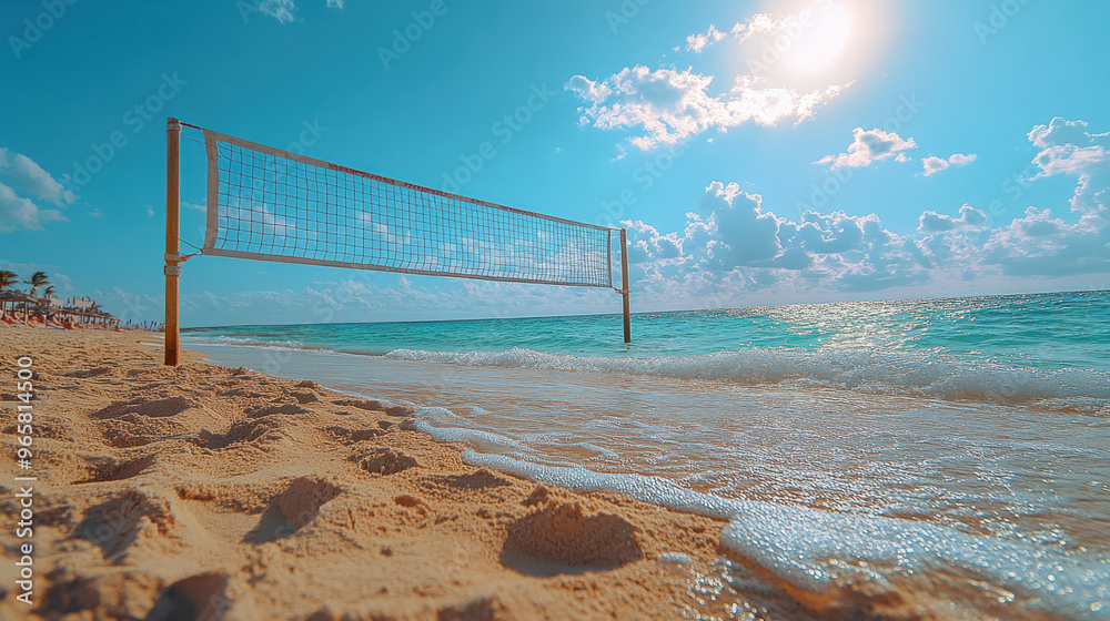 Beach volleyball net on a sandy shore by the ocean, bright sunny day with clear skies, tropical vacation destination, water splashing at the edge Beach volleyball net on a sandy shore by the ocean, bright sunny day with clear skies, tropical vacation destination, water splashing at the edge