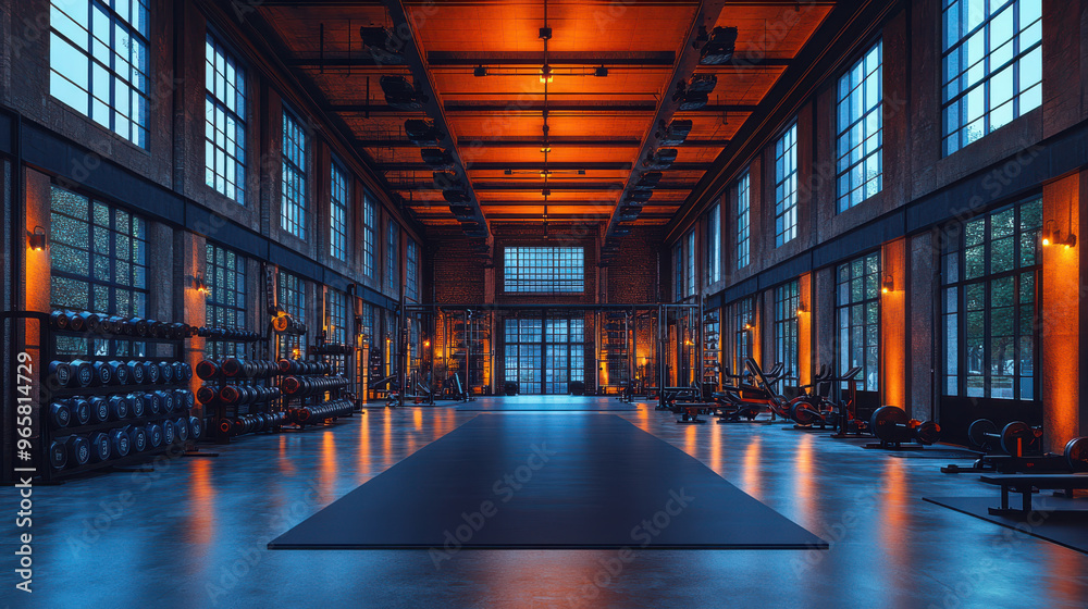 Empty industrial gym interior with tall windows, modern weight racks, and equipment, illuminated by warm orange and cool blue lighting, creating a sleek workout environment Empty industrial gym interior with tall windows, modern weight racks, and equipment, illuminated by warm orange and cool blue lighting, creating a sleek workout environment