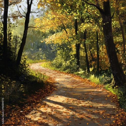 A winding dirt path through a fall forest.