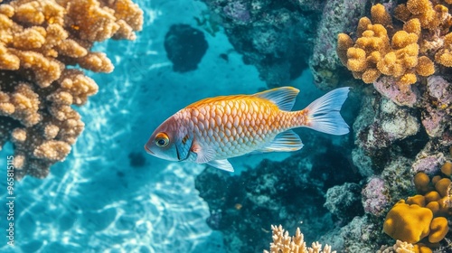 Tropical Reef Dance, vibrant fish gliding gracefully through colorful coral formations in pristine turquoise waters, showcasing the beauty of marine life in its natural habitat