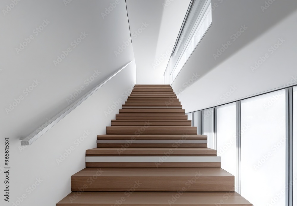 Fototapeta premium Minimalist staircase with sleek wooden steps, white walls, and a modern railing design
