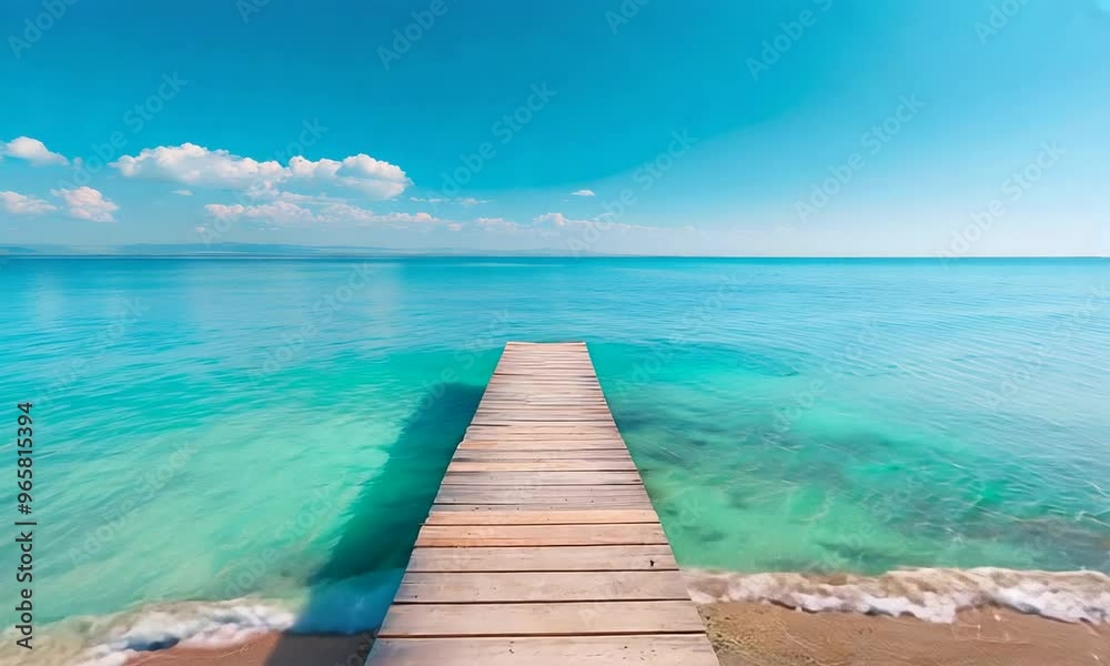 Beach with a pier extending into the sea, calm waters, clear sky Beach with a pier extending into the sea, calm waters, clear sky