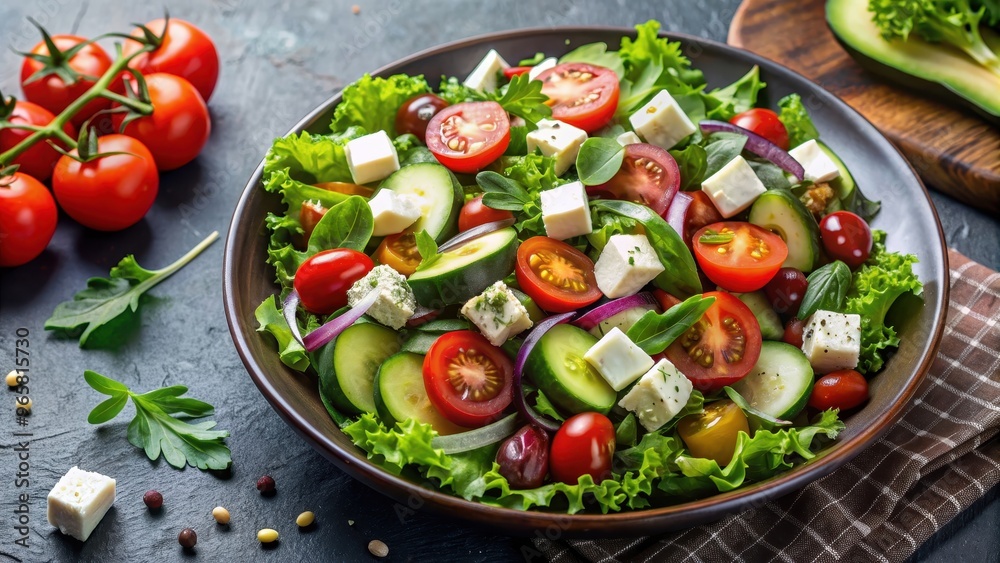 Fresh, colorful salad with mixed greens, tomatoes, cucumbers, and feta cheese, healthy, nutrition, food, vegetables, green Fresh, colorful salad with mixed greens, tomatoes, cucumbers, and feta cheese, healthy, nutrition, food, vegetables, green