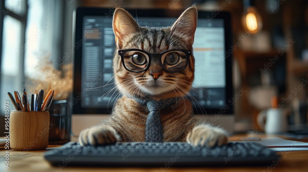 A focused cat in a sleek office, working professionally at a computer. A focused cat in a sleek office, working professionally at a computer.