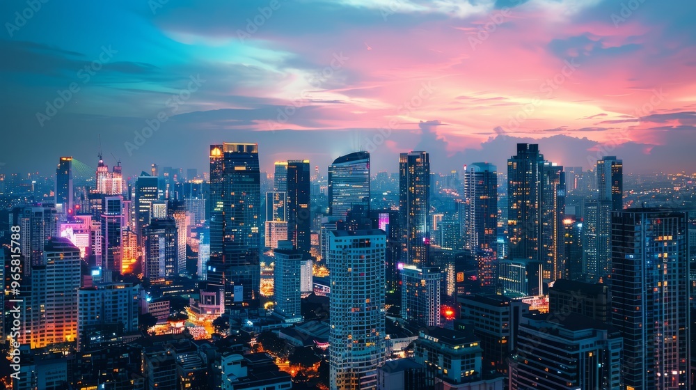 Obraz premium Vibrant city skyline at dusk with a variety of high-rise buildings, creating a captivating contrast between the illuminated cityscape and the darkening sky.