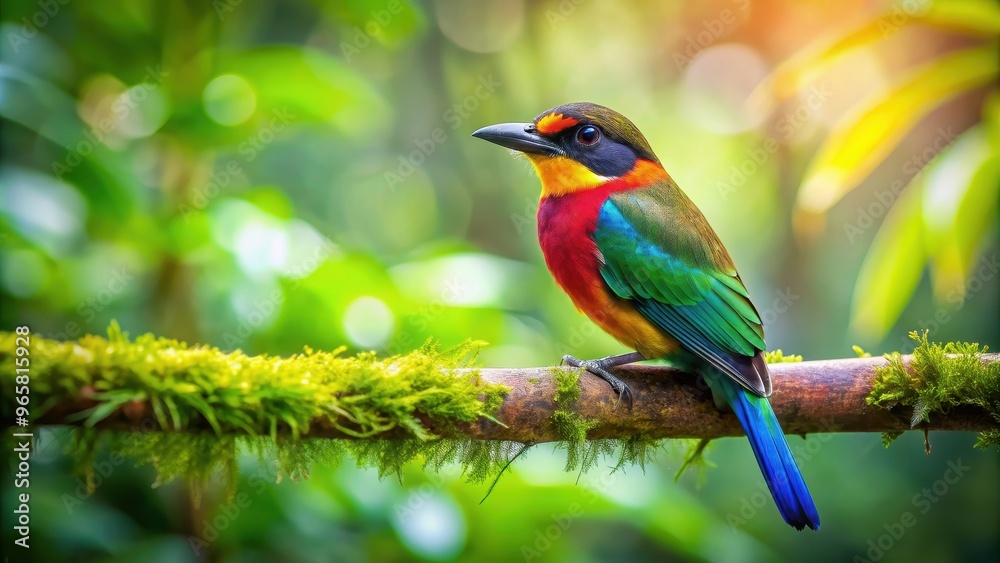 Colorful bird perching on a branch in a lush green forest , bird, wildlife, nature, vibrant, feathers, perched, branch, tree Colorful bird perching on a branch in a lush green forest , bird, wildlife, nature, vibrant, feathers, perched, branch, tree