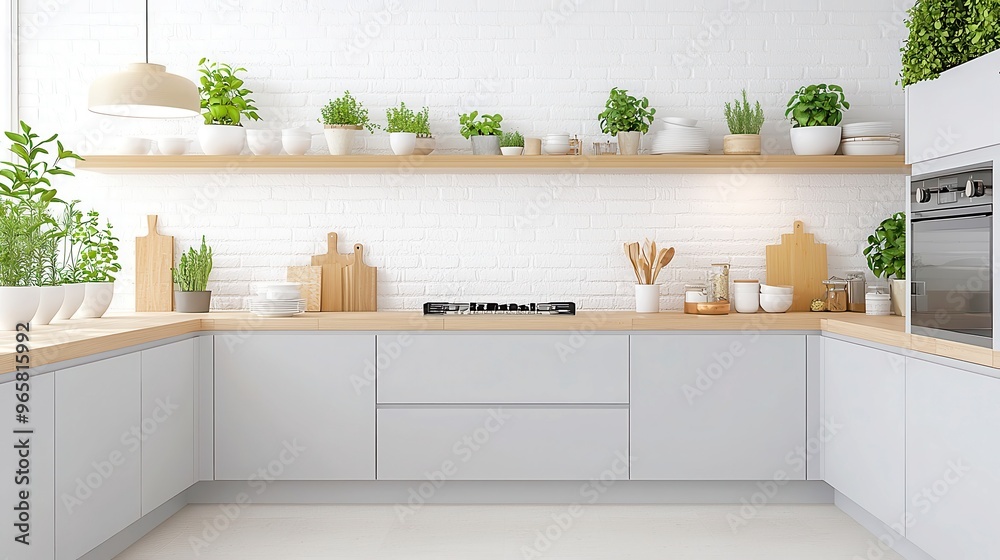 Fototapeta premium Modern Nordic Loft Kitchen, sleek minimalistic design, open space, light wood accents, white cabinetry, integrated appliances, inviting atmosphere, contemporary aesthetic, urban living