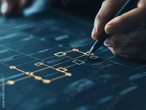 Research strategist mapping project milestones on a digital interface, planning and execution concept