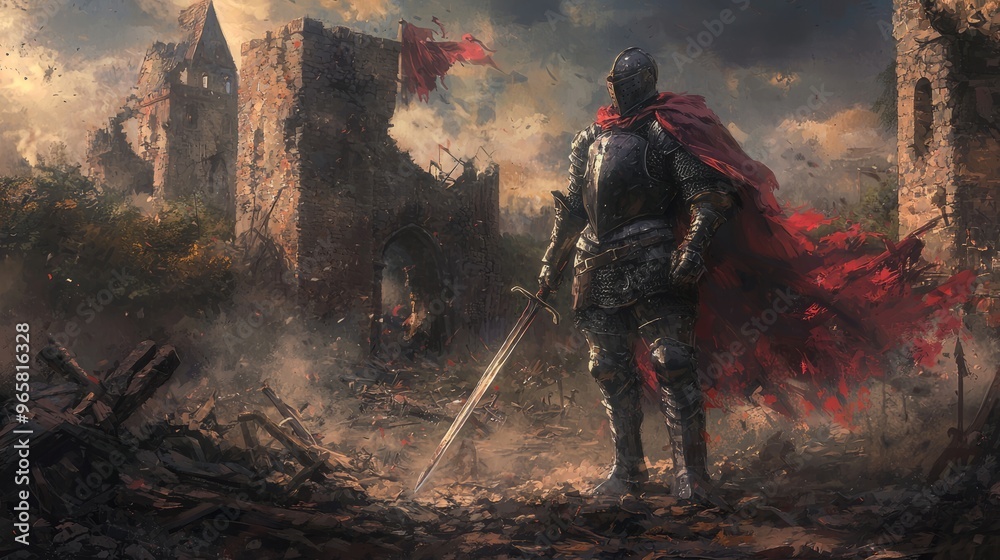 Lone Knight Standing in Ruins of a Stone Castle