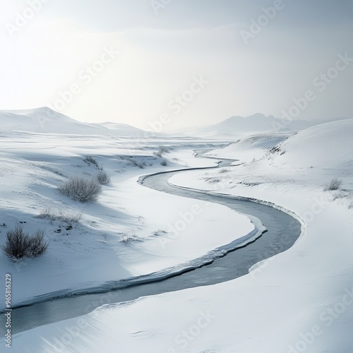 A winding river flows through a snowy landscape with mountains in the distance.