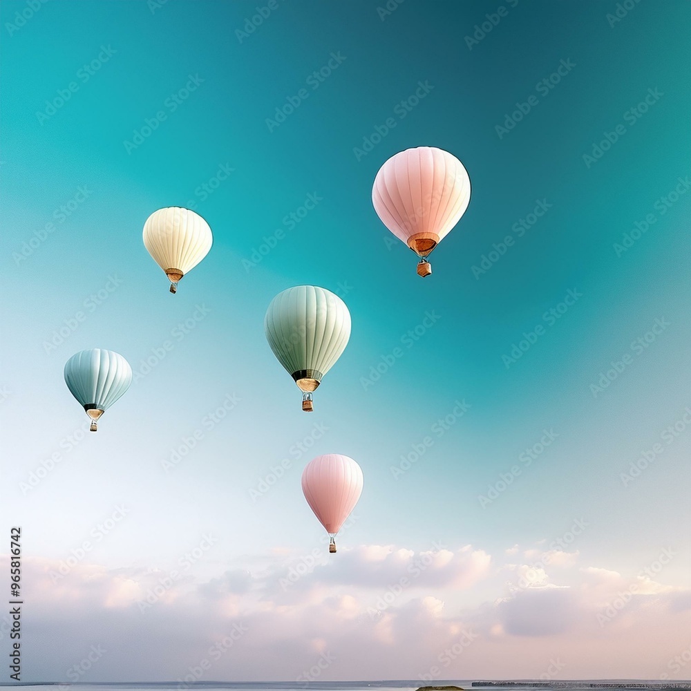 Fototapeta Pastel hot air balloons in a clear sky, soft and whimsical, ideal for a childs room or playful space