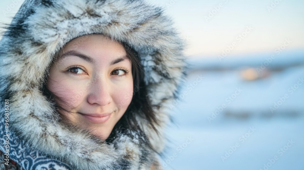 Beautiful Eskimo or Inuit girl in traditional clothes national costume on Snowy Landscape Setting Beautiful Eskimo or Inuit girl in traditional clothes national costume on Snowy Landscape Setting