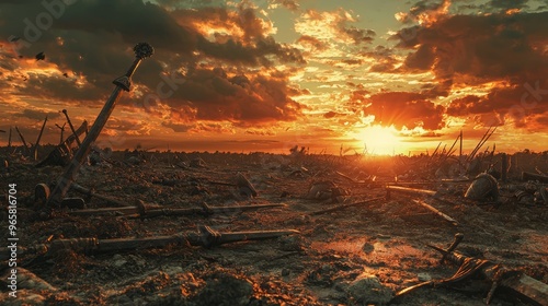 Battlefield Sunset with Fallen Swords and Armor