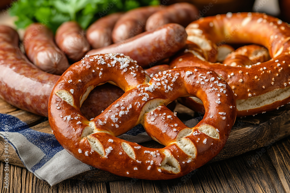 Rustic Oktoberfest Feast with Traditional Pretzels and Sausages