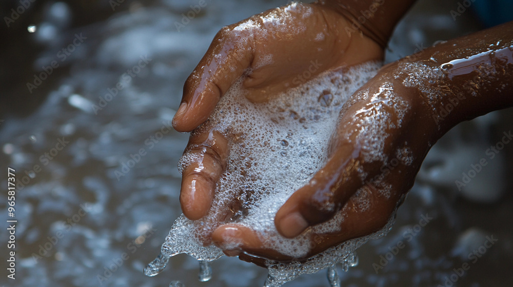 Fototapeta premium Foamy soapy water in cupped hands washing in fresh river