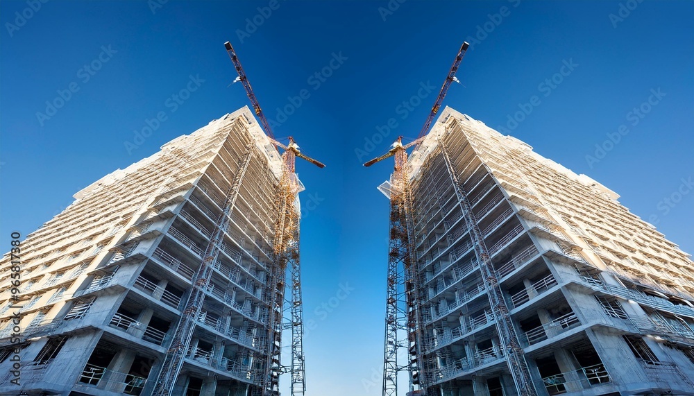 Two Identical Building Produce a photorealistic CG 3D image of a construction site, showcasing ...