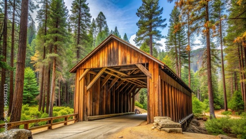 Old wooden Wawona Covered Bridge in Yosemite National Park, California, bridge, wooden, historic, vintage photo