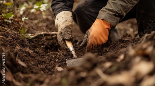 Wallpaper Mural A volunteer using gardening tools to prepare the soil for planting trees, illustrating the practical side of environmental stewardship. Torontodigital.ca