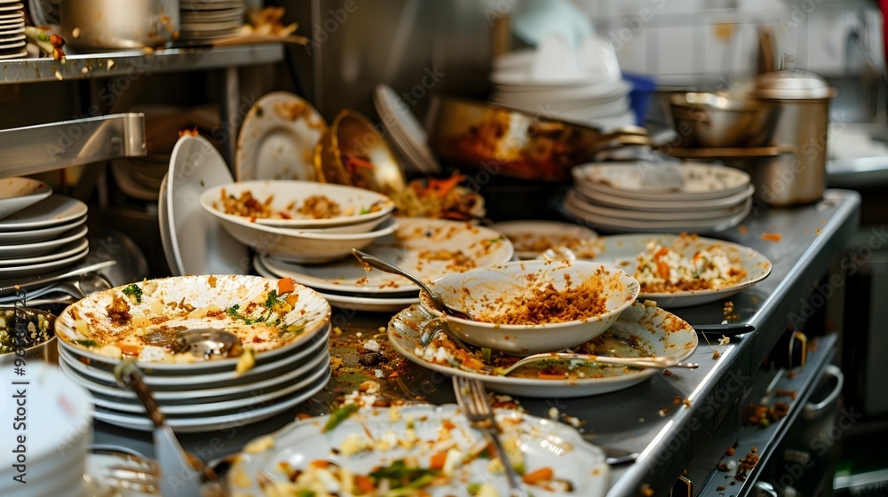 Cluttered Upscale Restaurant Kitchen with Gourmet Food Remnants and Dirty Dishes Cluttered Upscale Restaurant Kitchen with Gourmet Food Remnants and Dirty Dishes