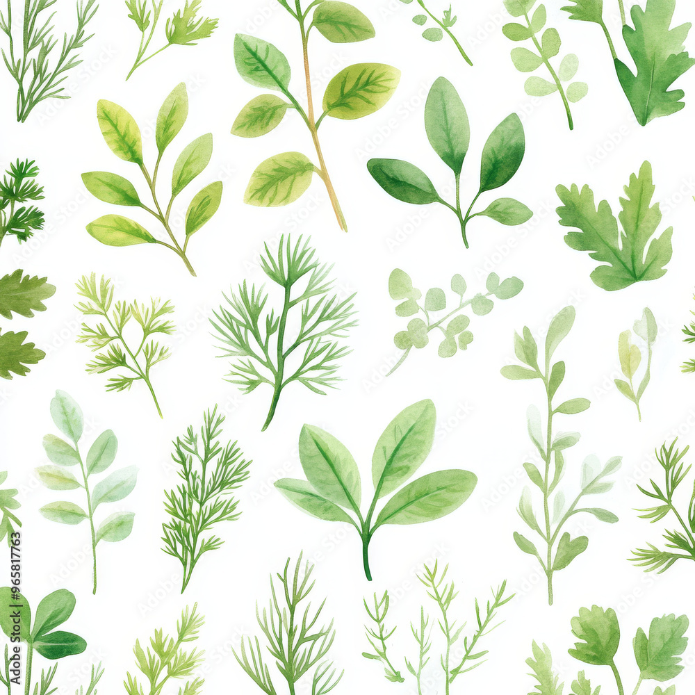 A vibrant watercolor background featuring variety of mixed herbs like parsley, dill, and basil, showcasing lush green leaves in different shapes and sizes. This design evokes fresh and natural feel A vibrant watercolor background featuring variety of mixed herbs like parsley, dill, and basil, showcasing lush green leaves in different shapes and sizes. This design evokes fresh and natural feel