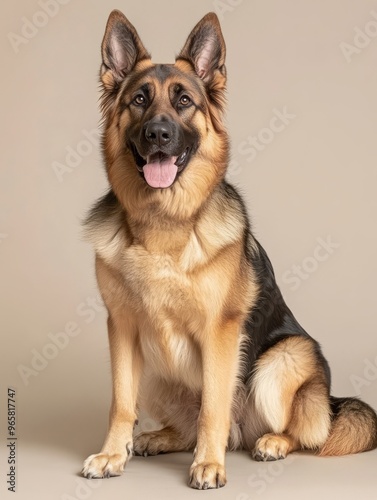 A playful German shepherd sitting with a friendly expression, showcasing its beautiful coat and attentive demeanor.