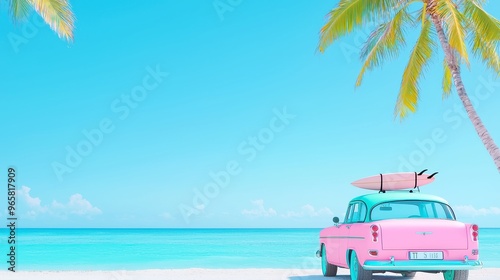 Vintage car parked on a tropical beach, surfboard on the roof, capturing a leisurely summer trip, vibrant retro colors enhancing the carefree seaside atmosphere