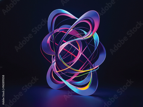 A glowing 3D abstract structure in the dark, with neon lights emitting from intricate swirling