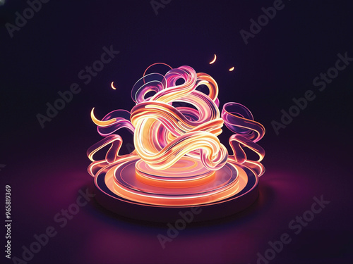 A glowing 3D abstract structure in the dark, with neon lights emitting from intricate swirling