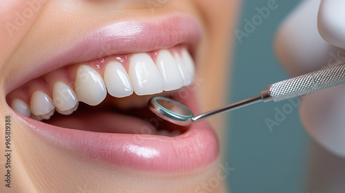 dentist hand holding mirror and examine woman mouth with white teeth