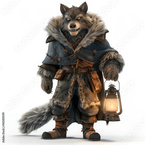 A fierce wolf character in a rugged coat, holding a lantern in a mystical environment, ready for adventure.