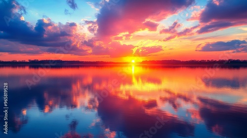 Sunset Serenity, a vivid display of colors paints the sky above a calm lagoon, the warm hues mirrored perfectly on the water’s surface, creating a peaceful ambiance.