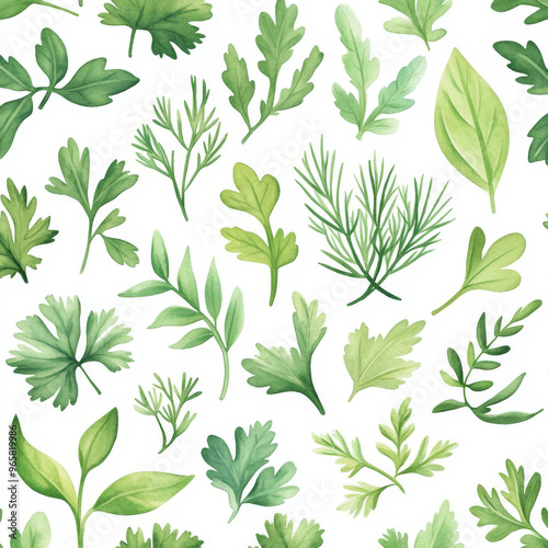 Wallpaper Mural A vibrant watercolor background featuring variety of mixed herbs like parsley, dill, and other leafy greens, creating fresh and lively atmosphere Torontodigital.ca