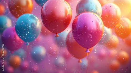 Colorful balloons float in a vibrant atmosphere during a festive celebration with confetti in the air