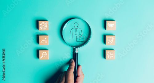 Obraz na płótnie Human resources management concept, Business and technology Fill out an online employee assessment form. Human resource management, HR, recruitment, leadership and teambuilding. w salonie