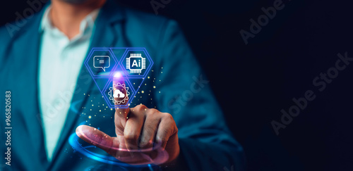 Obraz na płótnie Artificial intelligence and humans create new innovations, ideas, developments, communication, conversations with smart and fast online systems, future technology. w salonie