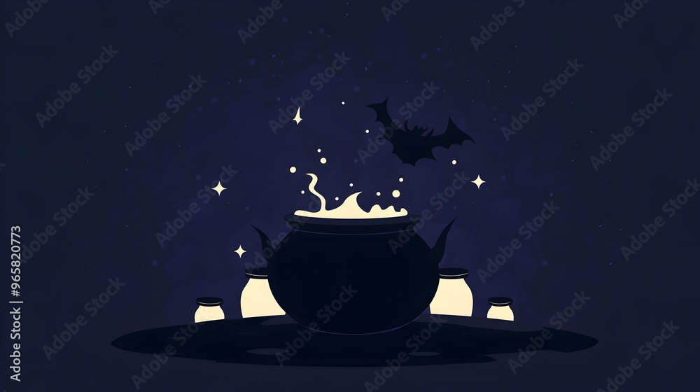 Naklejka premium Minimalist Background with Silhouetted Cauldron and Bubbling Potion for Spooky Halloween Atmosphere