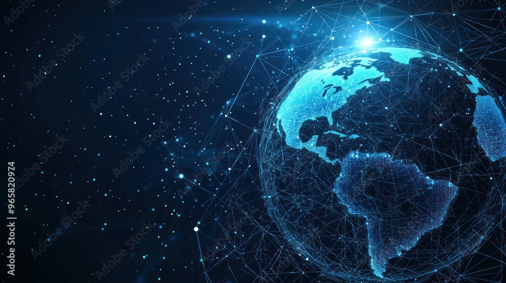 Abstract futuristic digital background with blue glowing global network and internet connections on a dark planet Earth globe. Digital technology, big data connection concept Abstract futuristic digital background with blue glowing global network and internet connections on a dark planet Earth globe. Digital technology, big data connection concept
