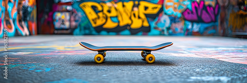 Skateboard on ramp with bright graffiti photo