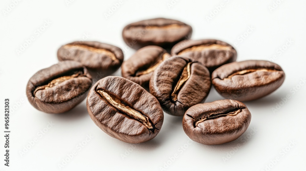 A close-up of roasted coffee beans on a light background, highlighting their rich color and inviting texture A close-up of roasted coffee beans on a light background, highlighting their rich color and inviting texture