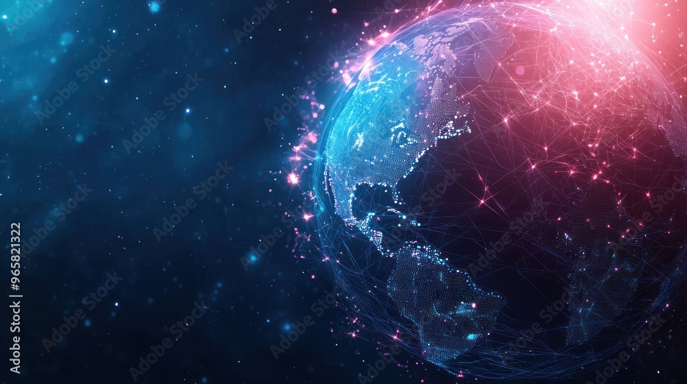 Obraz premium Abstract futuristic digital background with blue glowing global network and internet connections on a dark planet Earth globe. Digital technology, big data connection concept