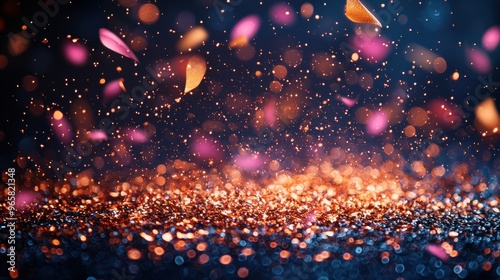 Vibrant petals and shimmering particles float through the air in a colorful celebration during an evening event photo