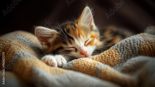 A peaceful kitten sleeping on a cozy blanket, embodying tranquility and comfort.