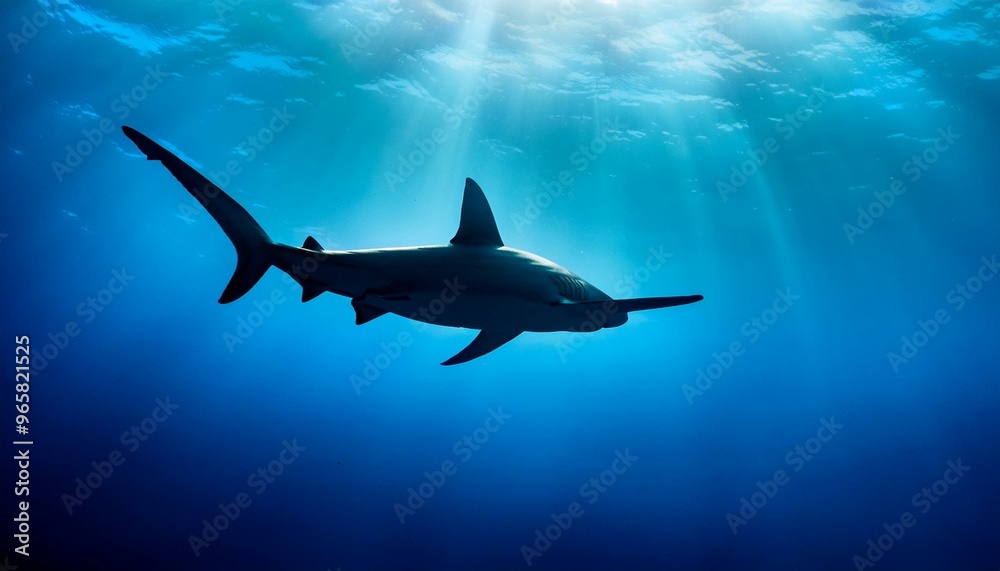 Obraz premium Illustrate the haunting beauty of a solitary hammerhead shark gliding through the deep blue ocean depths, its distinctive silhouette unmistakable