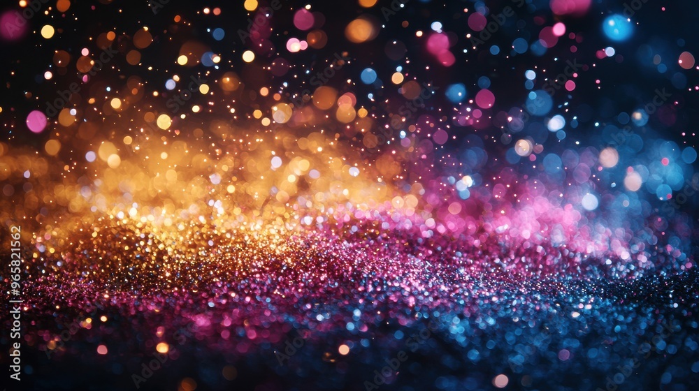 Obraz premium Colorful glitter particles scattered across a dark background, creating a mesmerizing visual effect in a vibrant display of lights