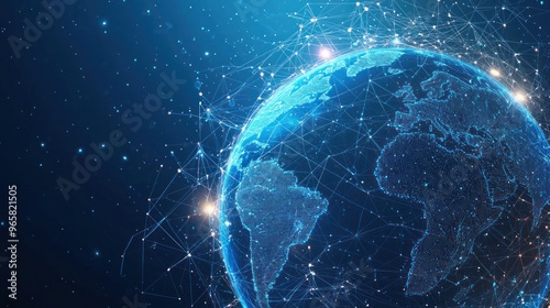 Abstract futuristic digital background with blue glowing global network and internet connections on a dark planet Earth globe. Digital technology, big data connection concept