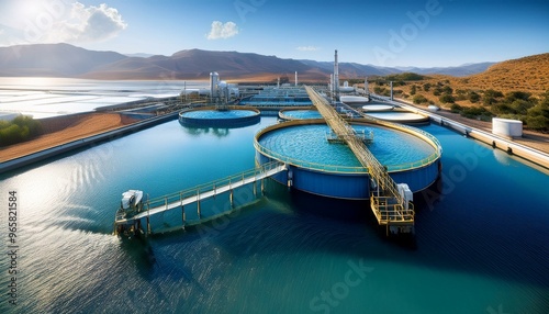 Design a vibrant and detailed water desalination plant with a harmonious blend of industrial and natural elements, using a photorealistic digital technique